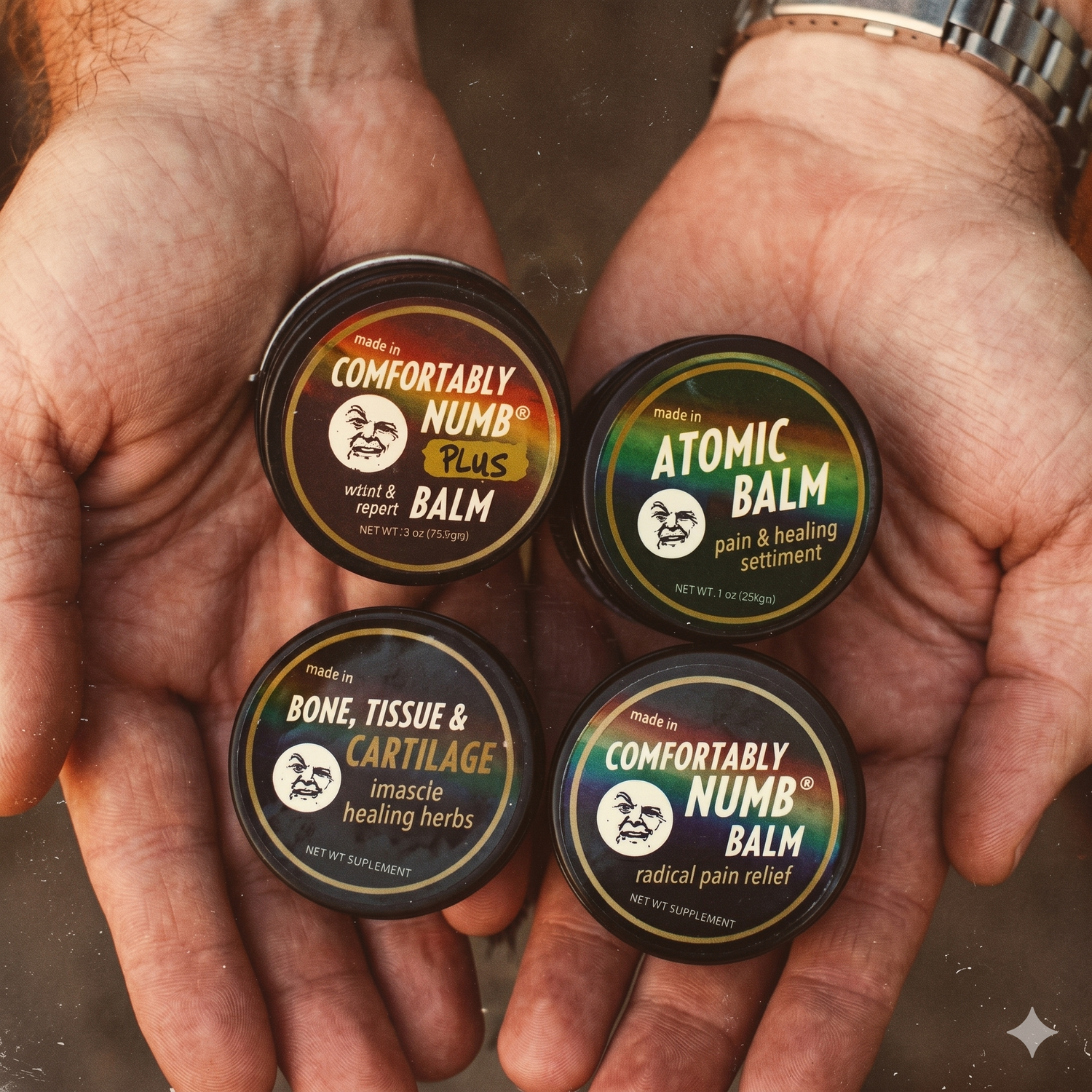 four balms in a man's hands