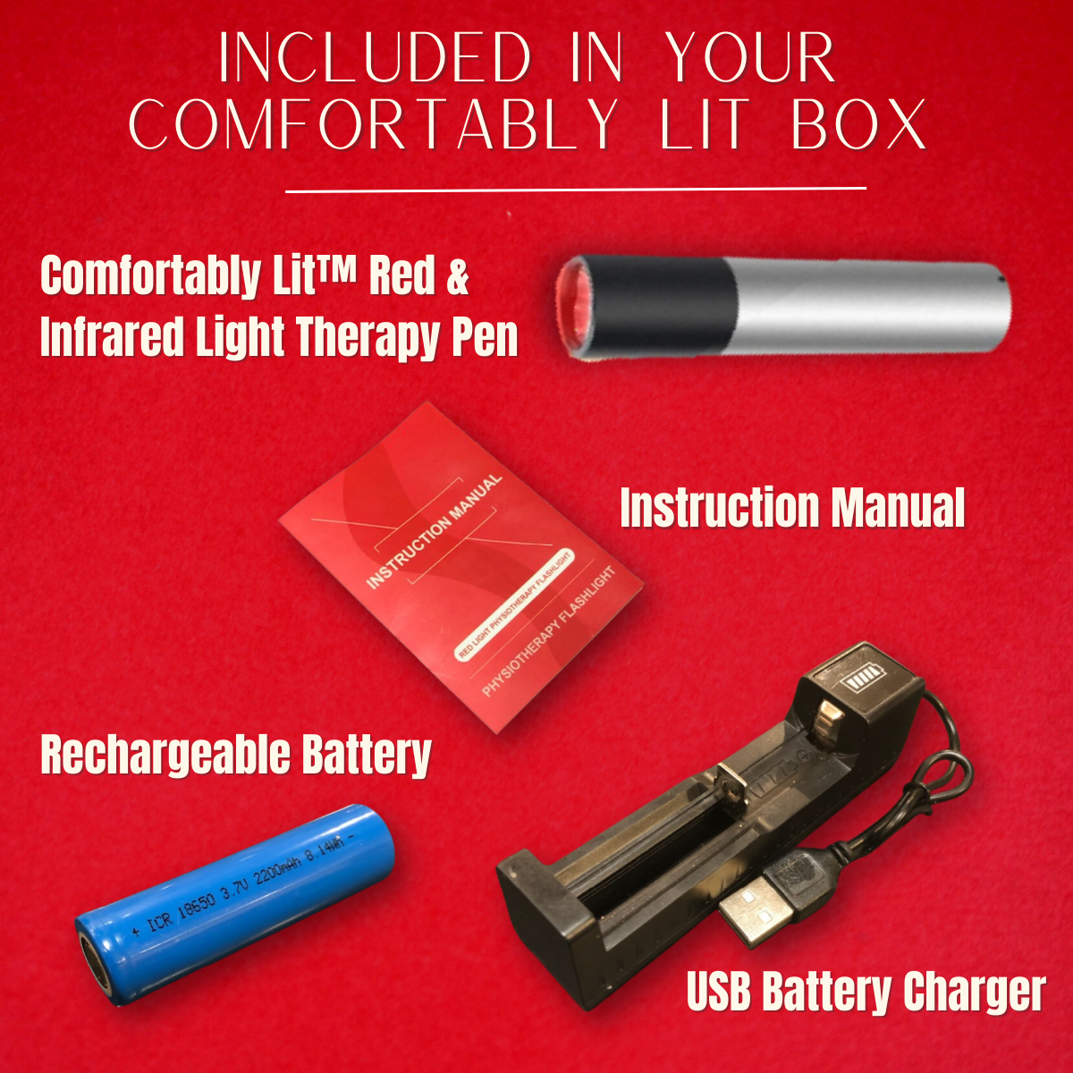 Comfortably Lit red light therapy tri-spectrum wand pen to target sore and inflamed joints, tissues and muscles.