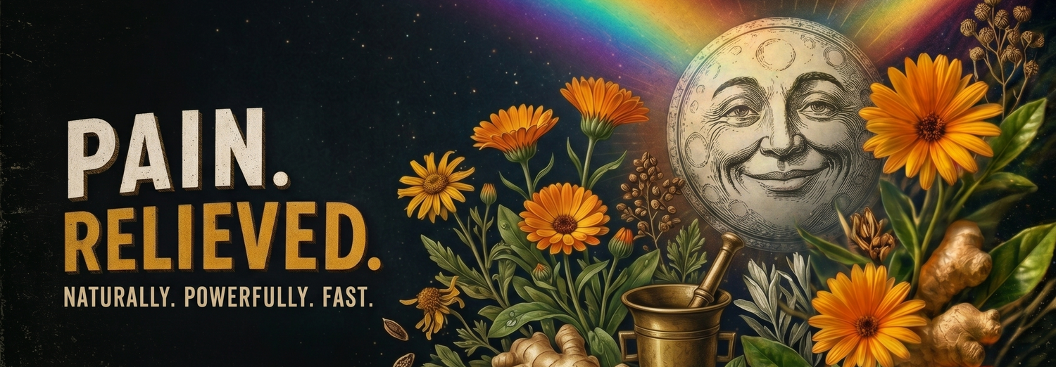 A cool moon with arnica flowers and herbs and a rainbow