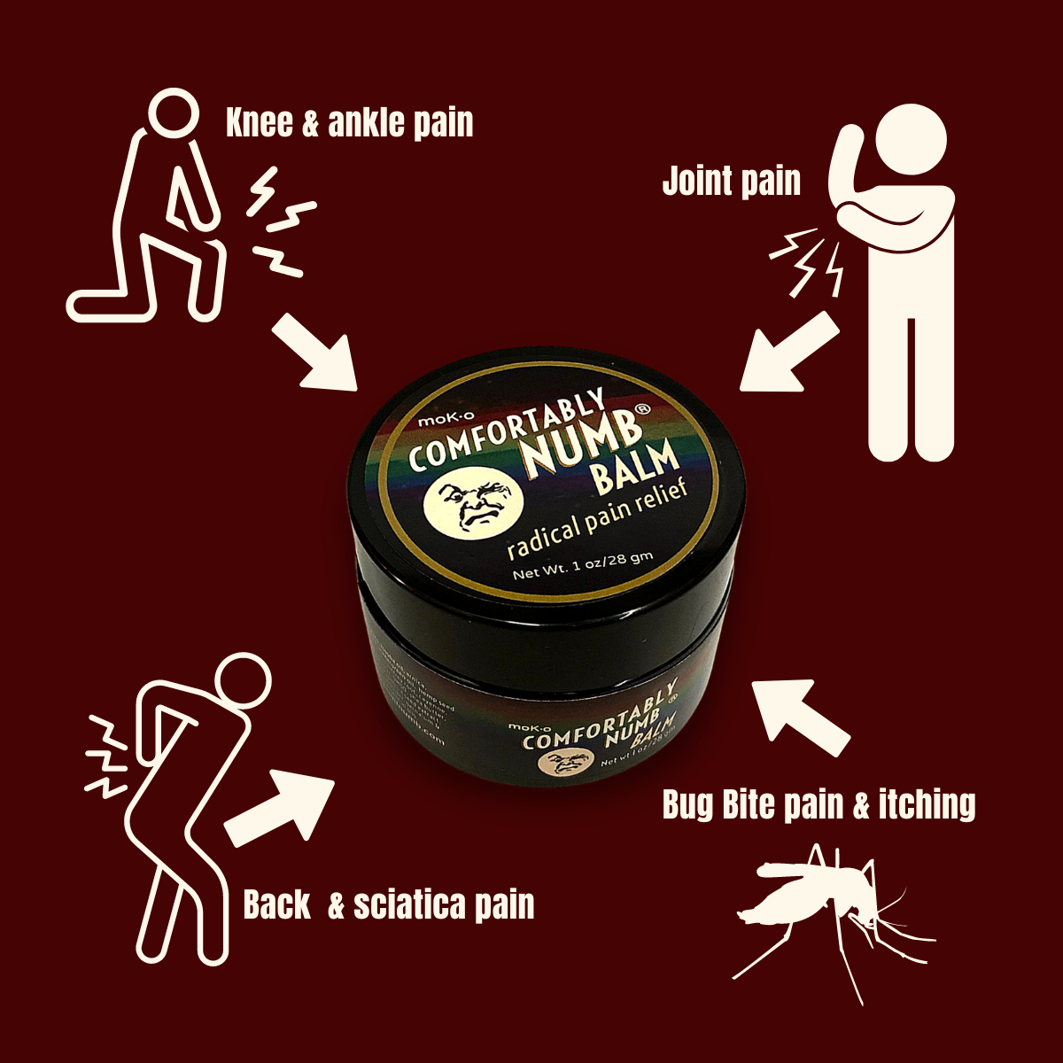 The supreme and top-shelf quality pain relief balm helps with knee and ankle apin, joint pain, back and sciatica pain and even used for biting flies, mosquito bites and other outdoor mishaps. 