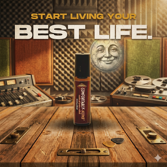 Product on a wooden surface with vintage equipment and motivational text